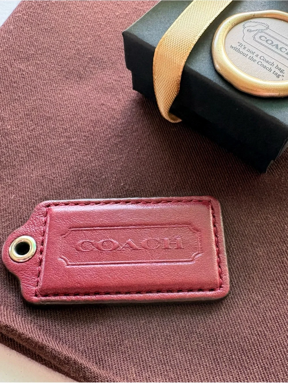 Y2K Large 2.5” Coach Burgundy Oxblood Leather Vintage Hang Tag Bag Charm Key Fob